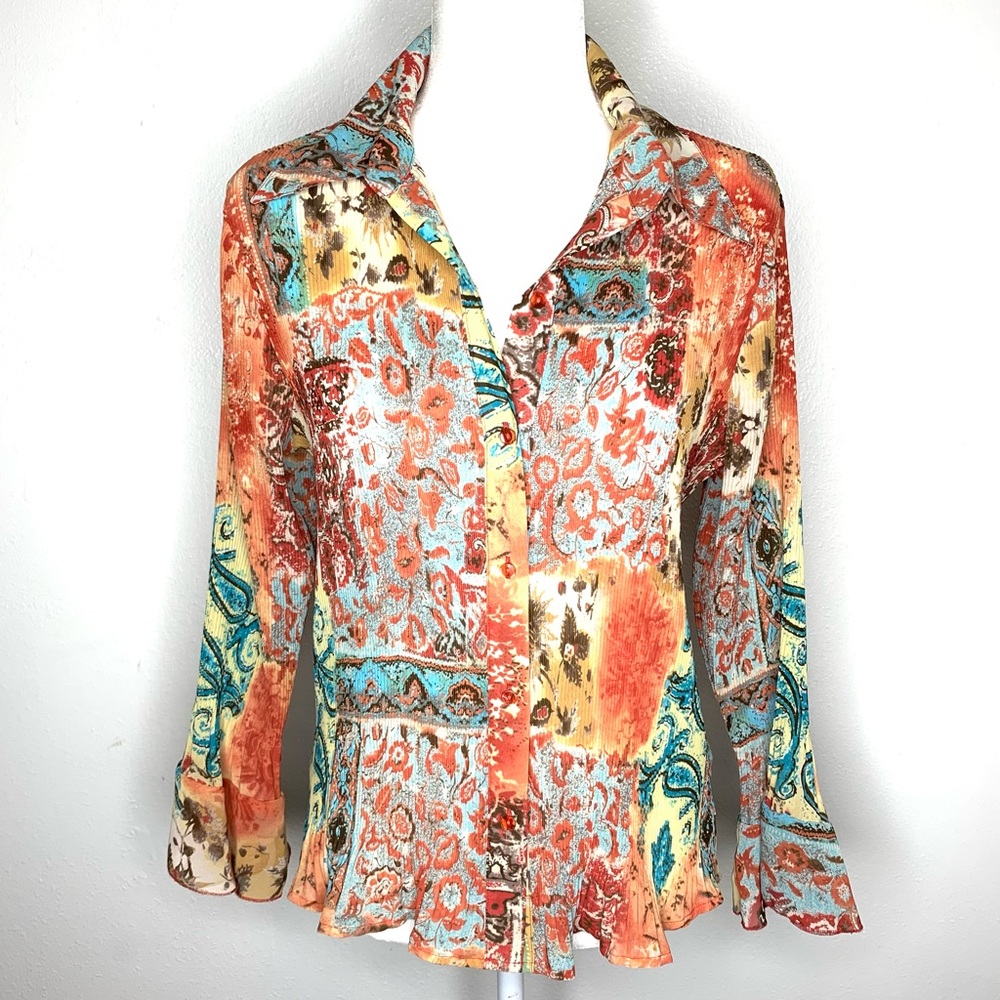 Belissimo New York Ribbed Scrunch Bell Long Sleeves Multicolored Blouse.